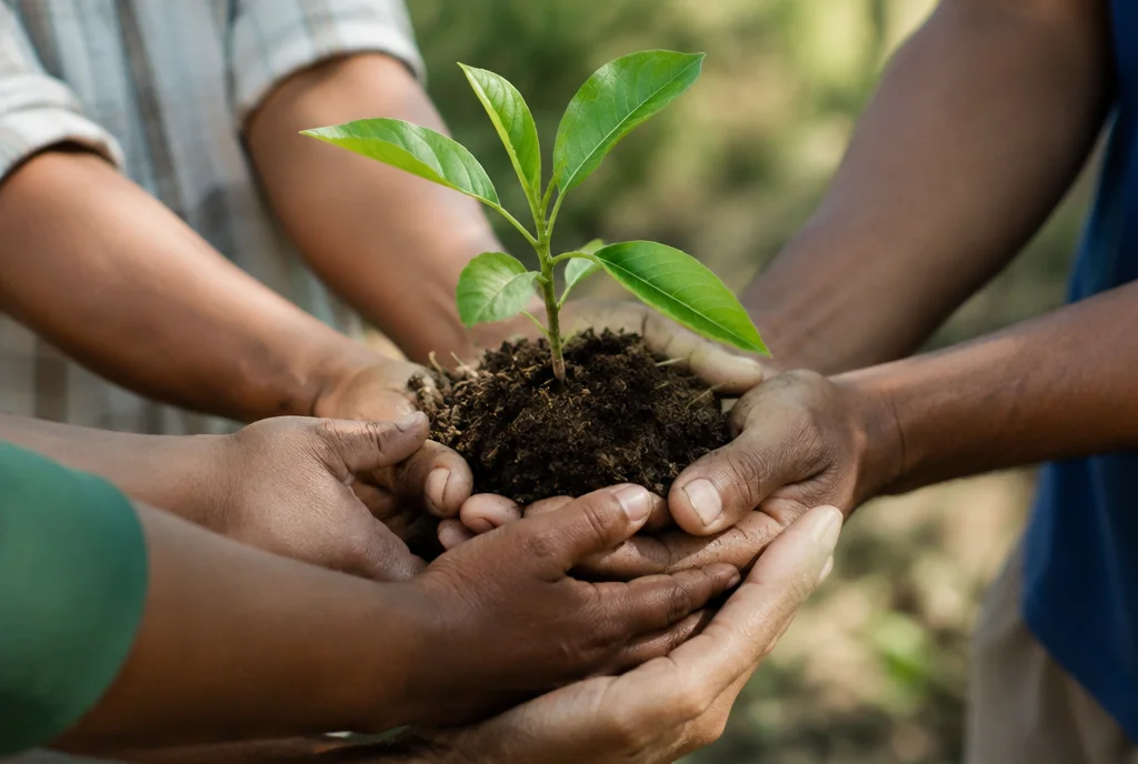 Mãos de uma comunidade segurando uma muda de planta
