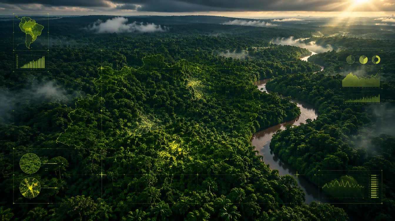 Vista aérea da floresta amazônica com camada de dados