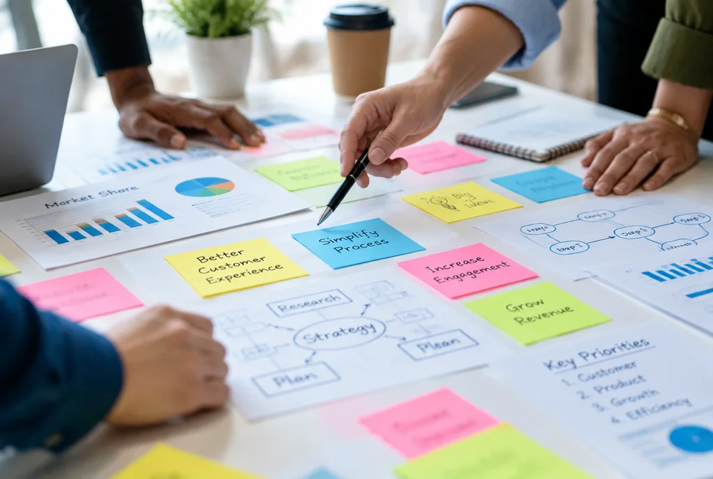 Mãos de uma equipe trabalhando sobre uma mesa com post-its