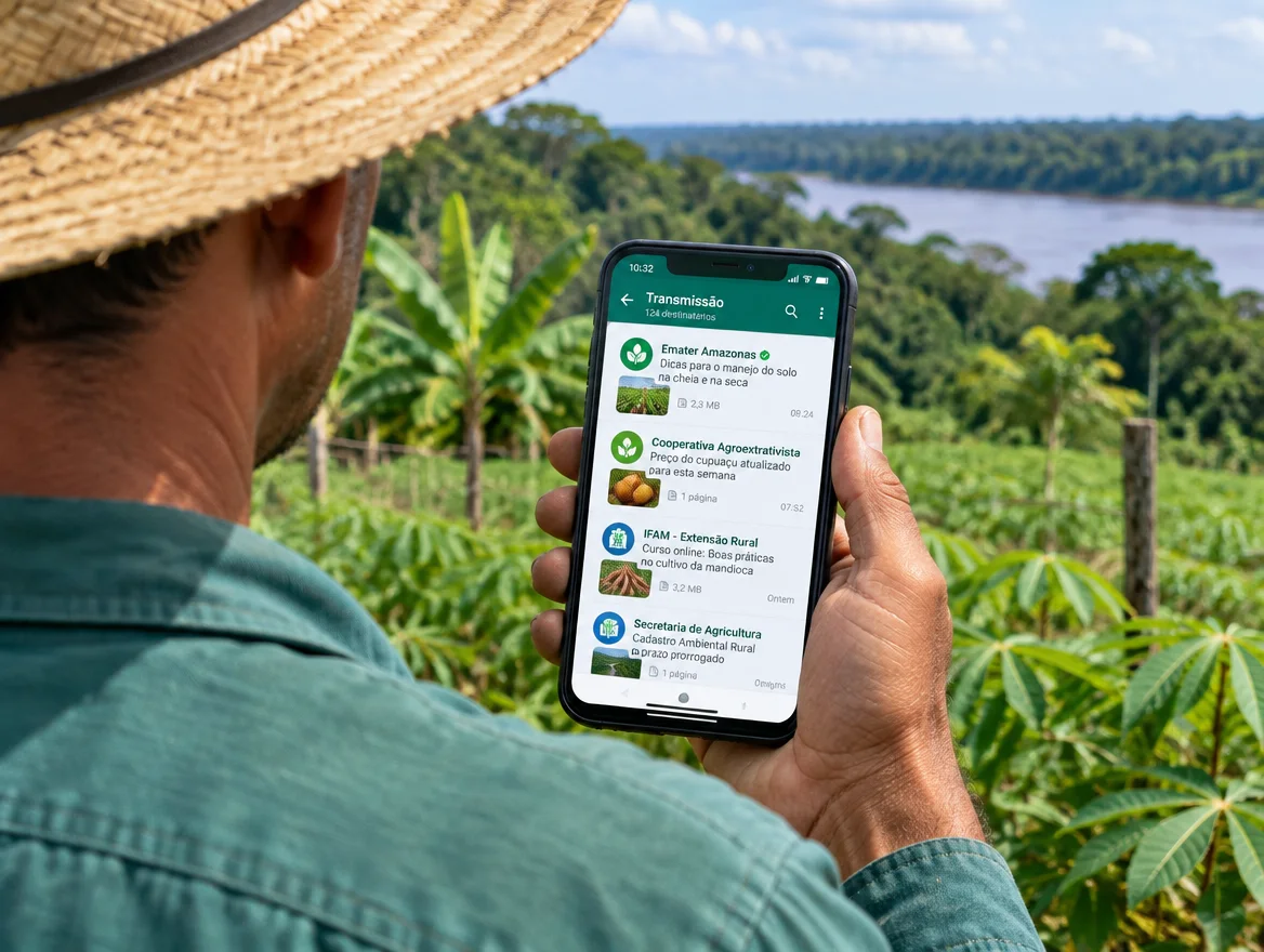 Produtor rural no campo segurando um celular com mensagens de lista de transmissão