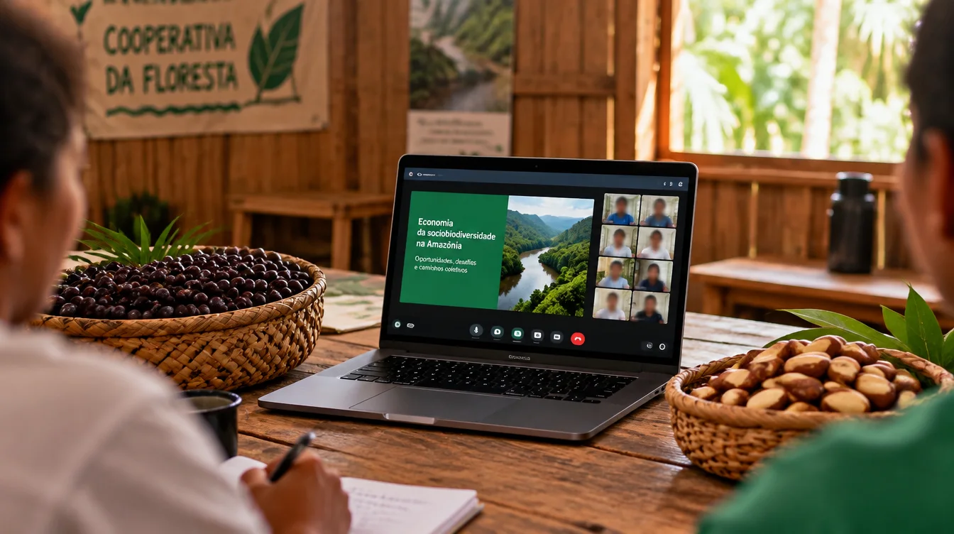 Notebook exibindo um webinário em uma sala de cooperativa rural na Amazônia