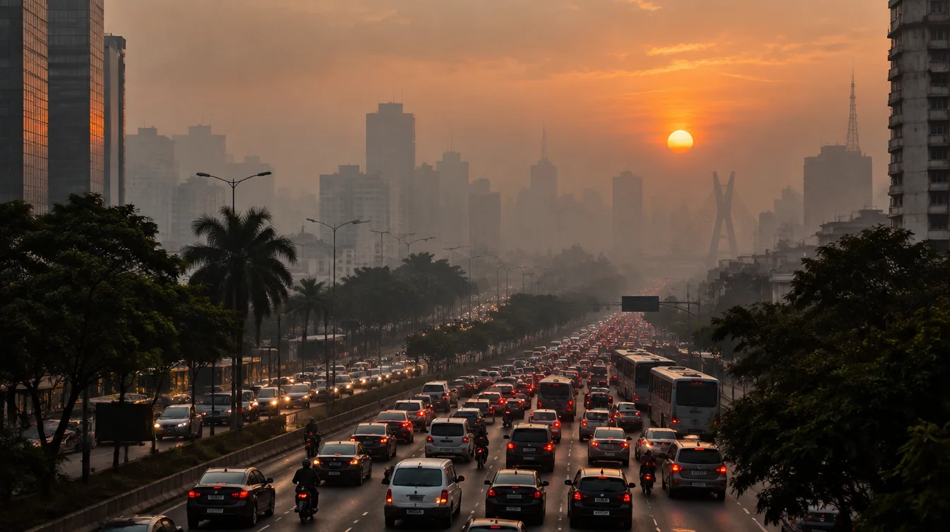 Avenida movimentada ao pôr do sol com névoa de poluição sobre a cidade
