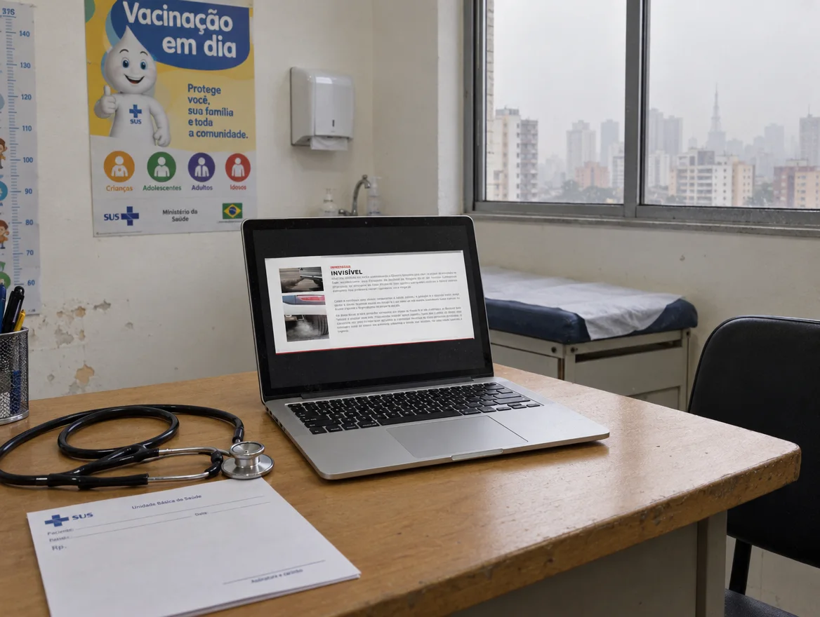Consultório de uma Unidade Básica de Saúde com notebook exibindo o site da campanha sobre poluição do ar