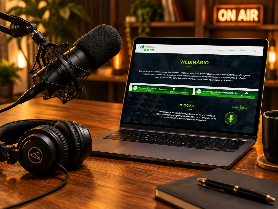 Microfone, fones e notebook com o site do GT Infraestrutura em um estúdio de podcast