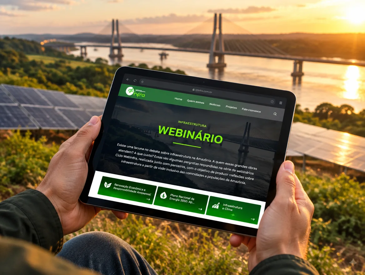 Mãos segurando um tablet com o site do GT Infraestrutura diante de uma paisagem com energia solar e ponte