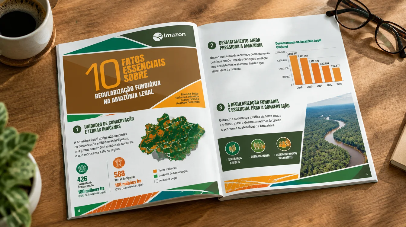 Relatório impresso aberto sobre a mesa, com mapas e gráficos das unidades de conservação