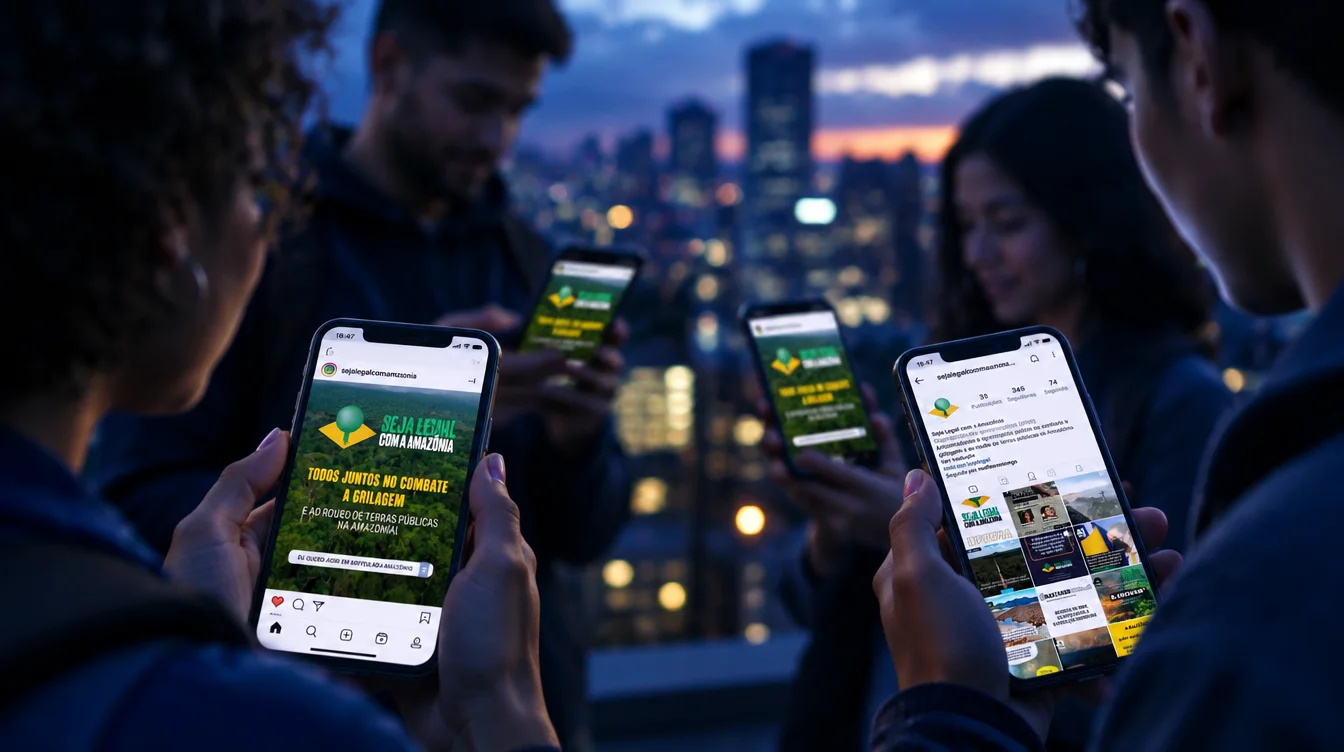 Jovens na cidade olhando a campanha contra a MP 910 em seus celulares