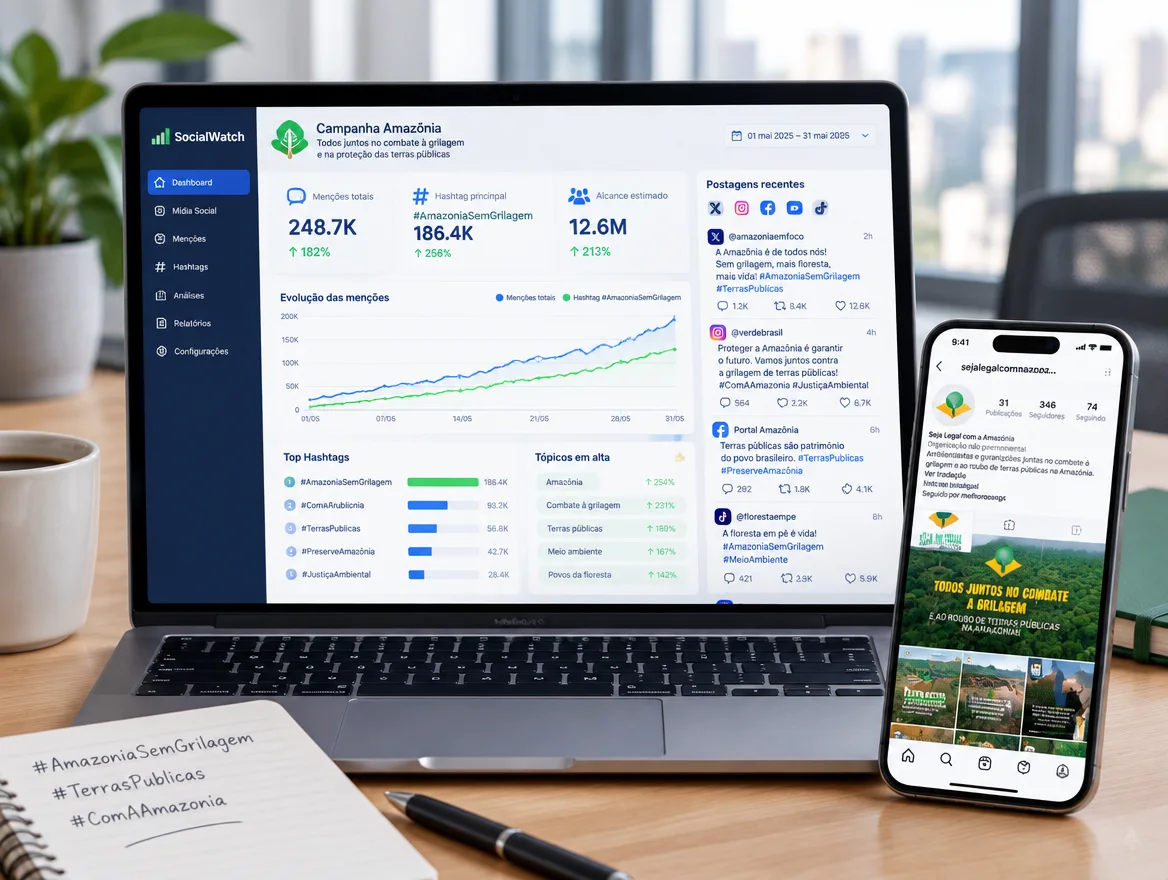 Notebook com painel de monitoramento de redes sociais e gráficos da campanha