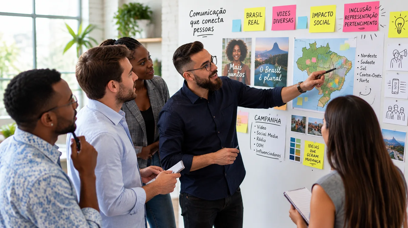 Equipe de comunicação diante de uma parede com post-its e esboços de campanha
